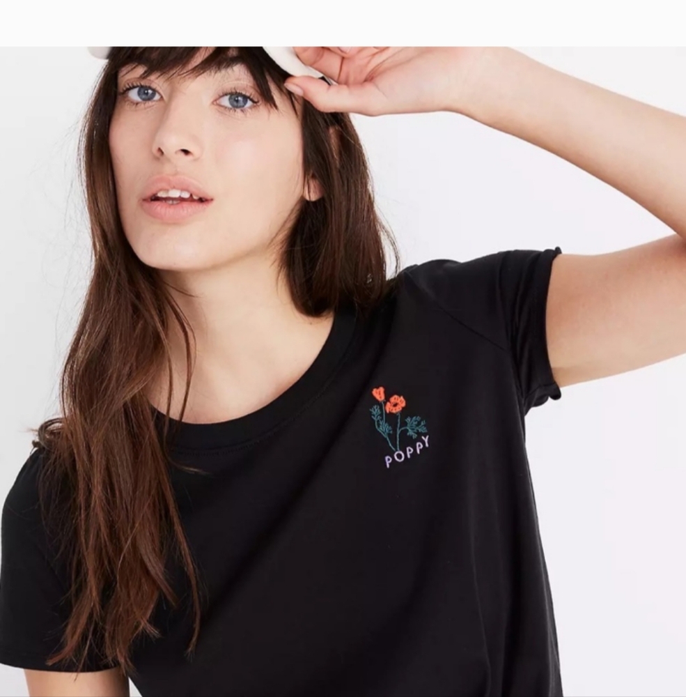 Madewell Black Short Sleeve Tee with Floral Embroidery
